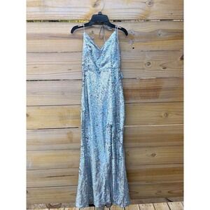 Jump apparelIridescent Silver Sequin Maxi Dress Open Back Prom Gown Size 3/4